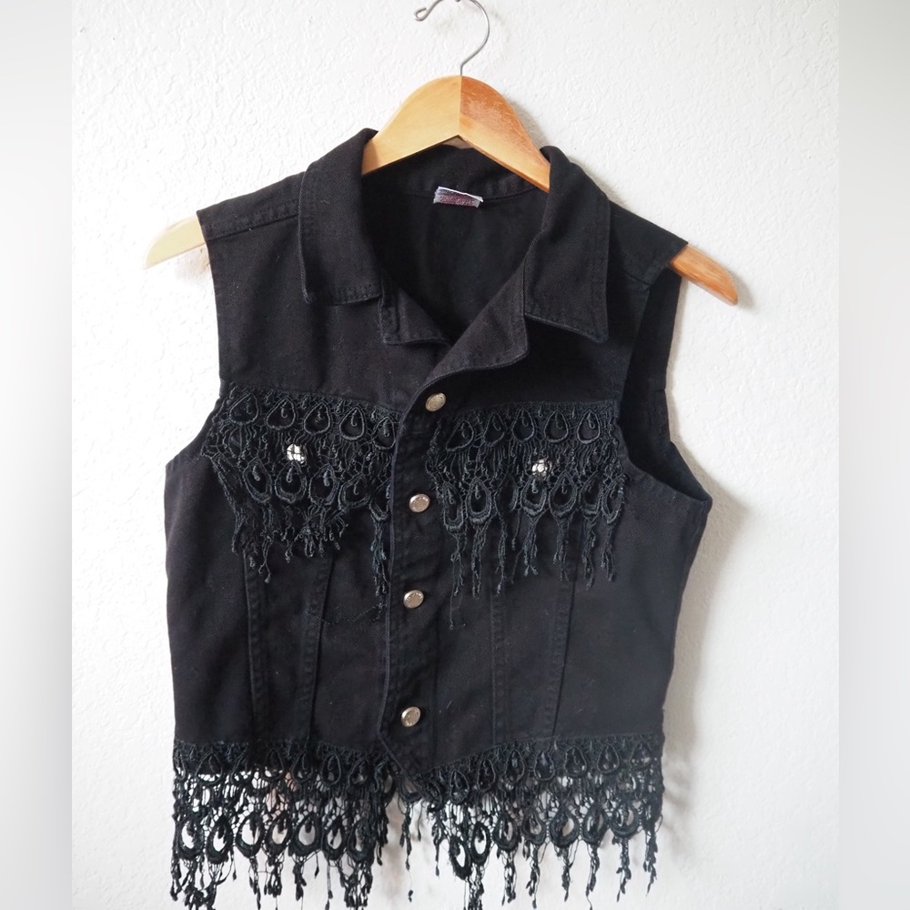Black Denim Vest with Fringe